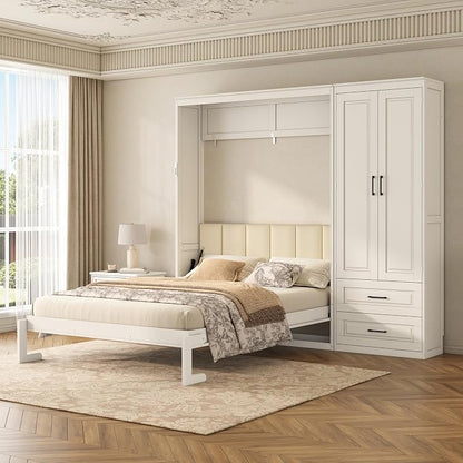 Merax Farmhouse Multi-Functional Murphy Bed with Wardrobe & Drawers,White | Queen Size Foldable Wall Platform Bed Upholstered Headboard for Guest-Room, Bedroom/ Space Saving