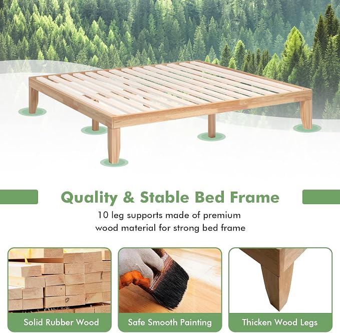 COSTWAY King Size Platform Bed Frame, 14 Inches Solid Rubber Wood Bed Mattress Foundation with Sturdy Slats Support, Easy Assembly Bed Frame for Home Hotel, No Box Spring Needed (Natural, King)