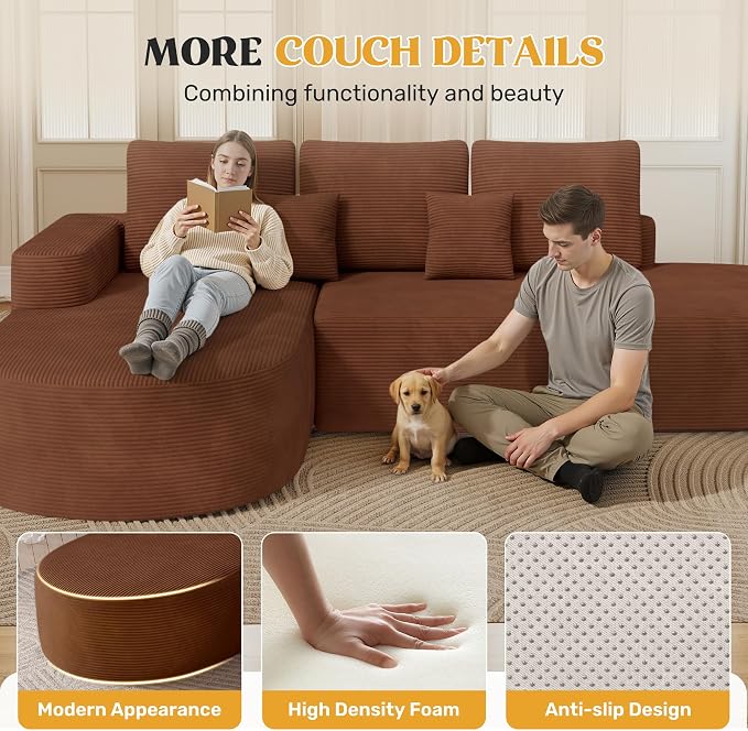 112" Modern Curved Cloud Couch, Corduroy Boneless Couches for Living Room with Deep Seat, Memory Foam Compressed Modular Sectional Sofa, No Assembly Required,Brown 1 PCS