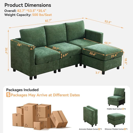 WUTUTUEE 83' Modular Sectional Sofa Convertible L Shaped Couch Set for Living Room, 4 Seat Storage Modular Sofa with Movable Ottoman, Chenille Dark Green
