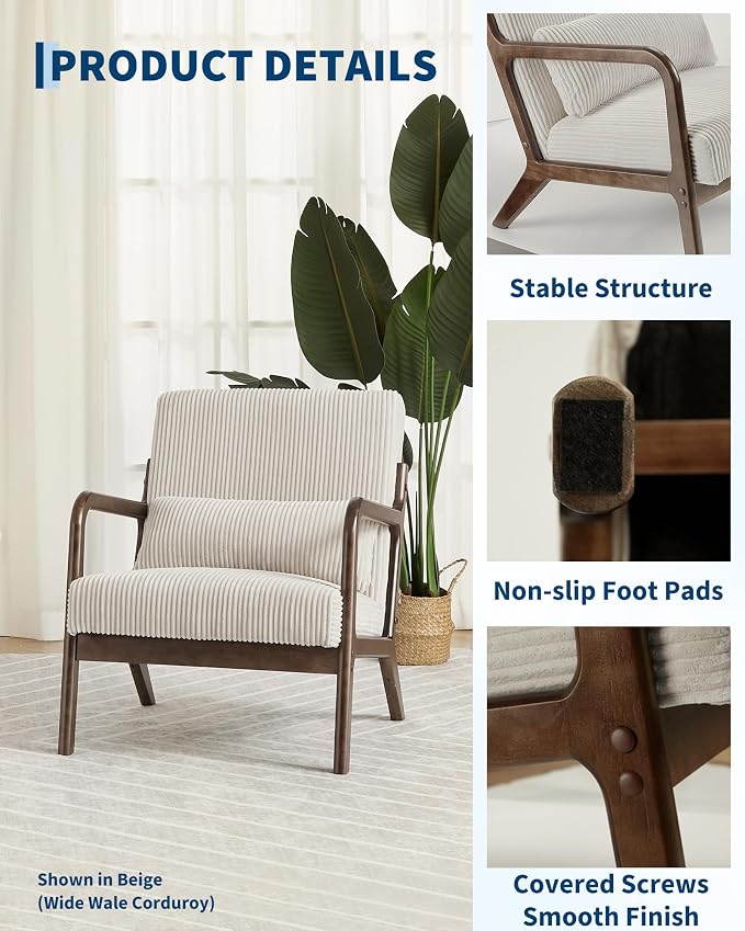 Garvee Mid-Century Accent Chair Set of 2, Cozy Reading Chair, Modern Lounge Armchair with Lumbar Pillow, Sturdy Wood Frame, for Living Room, Bedroom, Office, Beige, Wide-Wale Corduroy Upholstery