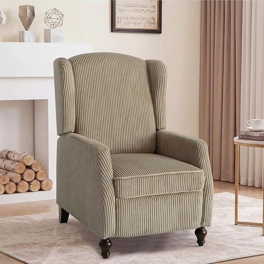 Upholstered Wingback Recliner Chair, Cozy Corduroy Manual Push Back Recliner for Living Room, Bedroom (1, Khaki)