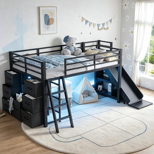 Bellemave Twin Loft Bed with Slide & Ladder, Metal Kids Loft Bed with Storage Drawers & LED Lights, Low Loft Bed Twin Size with Wood Wardrobe & Bookcase, Loft Bed for Kids Teens, Black