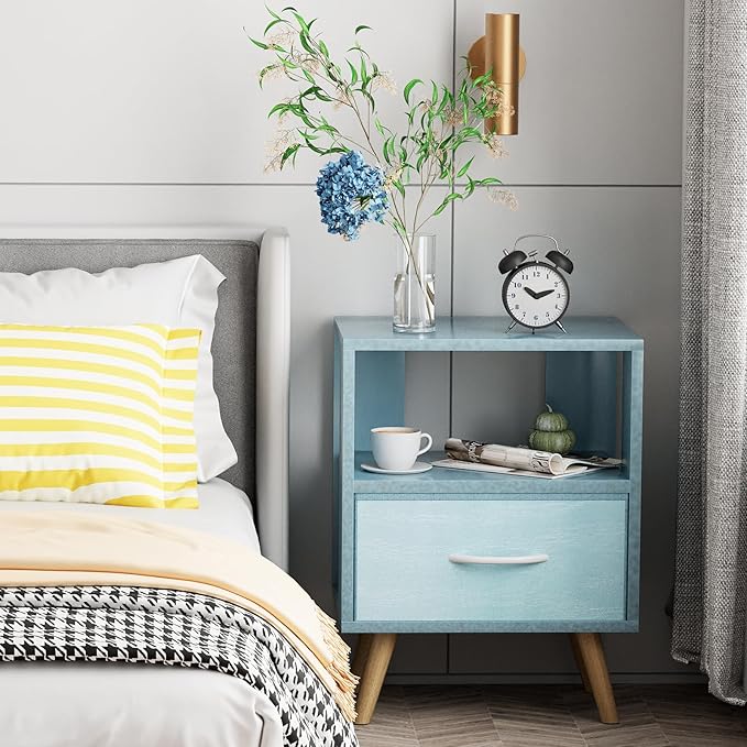 Aenuert Night Stand, Blue Kids Nightstand with Drawer, Nursery Side Table with Open Storage, 2-Tier Modern End Table, Bedside Table for Small Space, Living Room, Bedroom