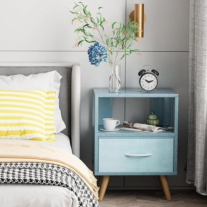 Aenuert Night Stand, Blue Kids Nightstand with Drawer, Nursery Side Table with Open Storage, 2-Tier Modern End Table, Bedside Table for Small Space, Living Room, Bedroom