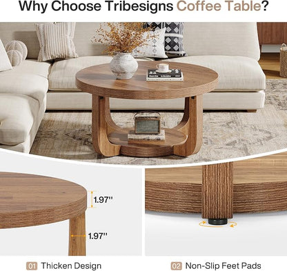 Tribesigns Round Coffee Table, 2-Tier Circle Coffee Table with Storage, Modern Wooden Accent Center Table for Living Room, Thick Tabletop & Base (Rustic Brown)