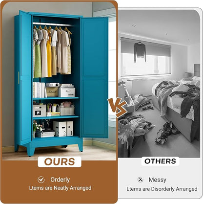 71" H Wardrobe Closet with Doors, Metal Wardrobe Cabinet with 2 Doors and 2 Adjustable Shelves, Armoire Wardrobes Closet with Hanging Rod, Closets for Bedroom, Laundry Room, Blue