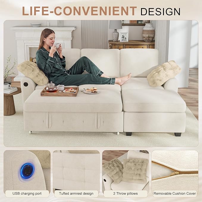 Hanherry 81" Sectional Couch with Pull Out Sofa Bed,Chenille Sleeper Sofa with Storage Ottoman & USB Charging,Comfy L Shaped Modular Couches for Living Room,Apartment