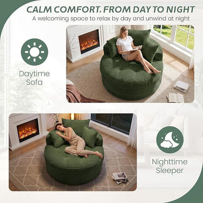 Oversized Round Chaise Lounge Chair, Deep Seat Cloud Boneless Floor Sofa Couch, Upholstered Corduroy Sleeper with 3 Pillows & Optional Ottoman, No Assembly Modern Lazy Floor Lounger for Living Room