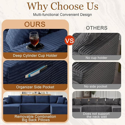 125" Modular Sectional Sleeper Sofa, Boneless Cloud Couch for Living Room, U Shaped 5 Seat Sofa with 2 Storage Pockets& 2 Cup Holders, Free Combination, No Assembly Required (Blue, 125")