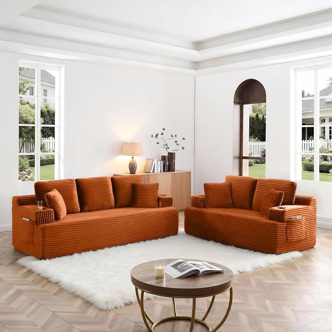 Boneless Sofa Couch Set with Cup Holders & Side Pockets, Modern Corduroy Fabric Upholstered 3-seat Couch & Loveseat Set with 4 Throw Pillows for Living Room, Office, No Assembly (Orange)
