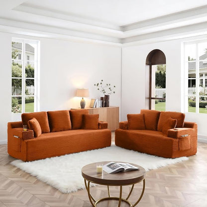 Boneless Sofa Couch Set with Cup Holders & Side Pockets, Modern Corduroy Fabric Upholstered 3-seat Couch & Loveseat Set with 4 Throw Pillows for Living Room, Office, No Assembly (Orange)