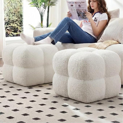 Zesthouse Square Pouf Ottomans Set of 2, Modern Backless Vanity Stool for Bedroom, White Fuzzy Foot Rest for Couch, Upholstered Tufted Footstool, Sherpa Fabric Ottoman Coffee Table for Living Room