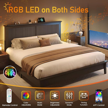 Lifezone King Bed Frame with Headboard, Solid Wood Bed Frame King Size with Charging Station & RGB LED, Wood Slats Support, Noise-Free, Sturdy Structure, Easy Assembly, Walnut