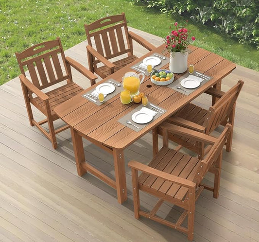 Ciokea HDPE Outdoor Dining Set, 5-Piece Patio Table and Chairs Set with Umbrella Hole, All-Weather Patio Dining Sets for 4, Durable Patio Furniture for Backyard, Garden, Lawn & Poolside, Teak