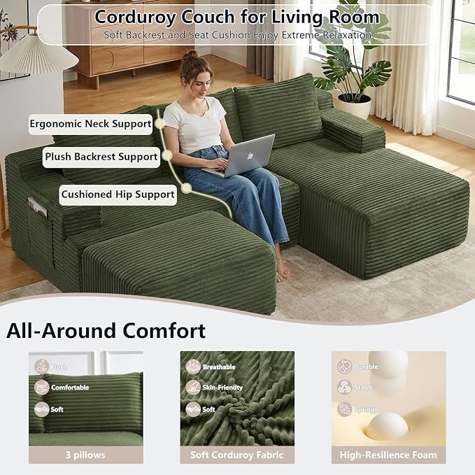 96" Cloud Sectional Couch U-Shaped Chaise with Ottoman, Corduroy Boneless Couch for Living Room Bedroom, Deep-Seat Upholstered Modular Cloud Sofa, No Assembly Required (Green, Right Facing Chaise)