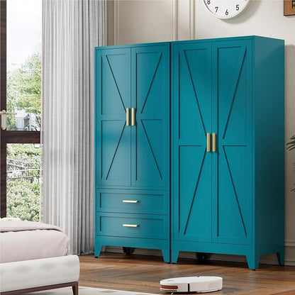 Washsemba 71'' Farmhouse Metal Wardrobe Cabinet with Hanging Rod, 2 Barn Door Wardrobe Closet with Adjustable Shelves,2 Drawer,for Dining Room,Bedroom,Living Room, Cloak Room,Office (Peacock Blue)