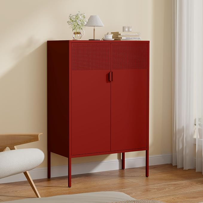 47''H Red Metal Storage Cabinet with 2 Adjustable Shelves, 2 Door Accent Cabinet, 3-Tier Metal Locker with Vent Hole, TV Stand for Entryway, Home Office, Music Studio, Home Office