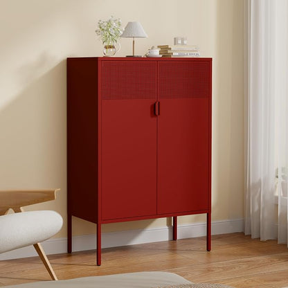 47''H Red Metal Storage Cabinet with 2 Adjustable Shelves, 2 Door Accent Cabinet, 3-Tier Metal Locker with Vent Hole, TV Stand for Entryway, Home Office, Music Studio, Home Office