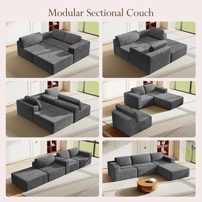 Vesgantti 119" L-Shaped Modular Sectional Sofa, Corduroy Cloud Couch with Deep Seating & Spring Support, Flexible Layout Sofa with Ottoman, Boneless Style, No Assembly Required, Grey