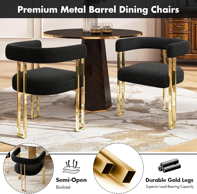 Hyfirm Set of 2 Modern Black Boucle Dining Chairs with Gold Metal Legs, Mid Century Accent Upholstered Barrel Armchairs with Open-Back for Kitchen, Dining Room, Living Room, Apartment