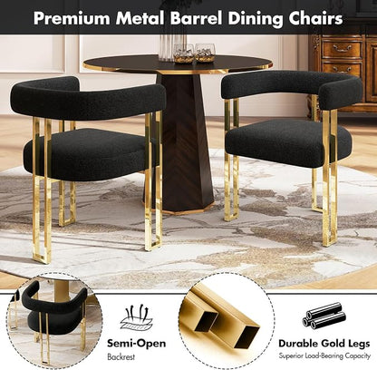 Hyfirm Set of 2 Modern Black Boucle Dining Chairs with Gold Metal Legs, Mid Century Accent Upholstered Barrel Armchairs with Open-Back for Kitchen, Dining Room, Living Room, Apartment