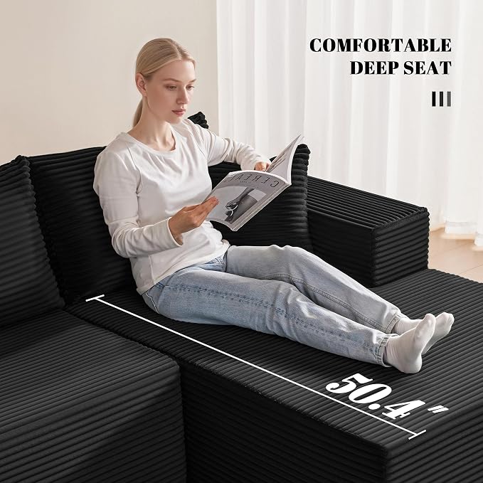 Mangodan 140” Cloud Sectional Couch, Boneless Sofa for Living Room, Modular Sectional Sofa with Deep Seat, Comfy Fluffy U-Shaped Couch with Right-Facing Chaise, No Assembly Required, Black