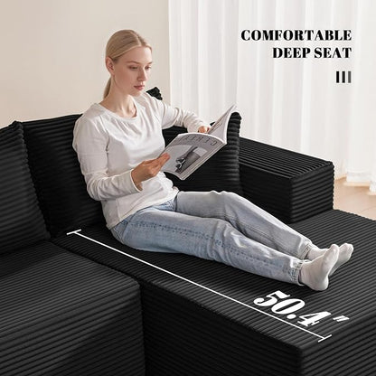 Mangodan 140” Cloud Sectional Couch, Boneless Sofa for Living Room, Modular Sectional Sofa with Deep Seat, Comfy Fluffy L-Shaped Couch with Right-Facing Chaise, No Assembly Required, Black