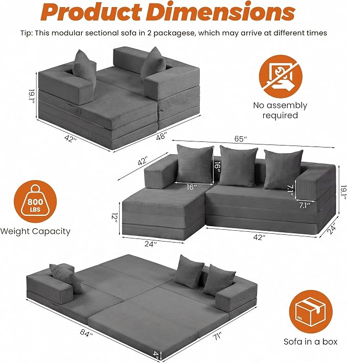 6-in-1 Tri-Folding Mattress | Cloud Boneless L-Shaped Modular Sectional Couches | Corduroy Pet-Friendly Convertible Futon Sofa Bed with 800LB Capacity Apartment, Guest Room, Game Room