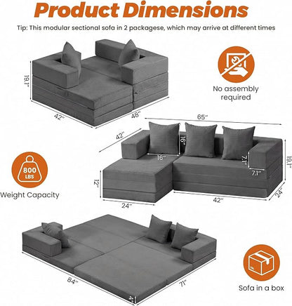 6-in-1 Tri-Folding Mattress | Cloud Boneless L-Shaped Modular Sectional Couches | Corduroy Pet-Friendly Convertible Futon Sofa Bed with 800LB Capacity Apartment, Guest Room, Game Room