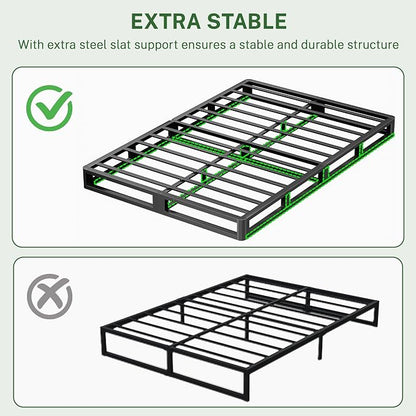 VIPSHOW 10 Inch Queen Metal Bed Frame Round Corner Low Platform Bed Frames 3000 LBS Heavy Duty Steel Slats Support Mattress Foundation No Box Spring Needed, Noise Free, Easy Assembly, Black