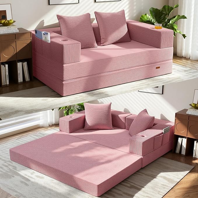 COMAX Futon Sofa Bed, Convertible Sofa Bed, Folding Boneless Couches | Boneless Couch for living room, 4‑in‑1 Fold Out Small Foldable Loveseat Floor Sleeper Mattress Lounge Space‑Saving, Pink