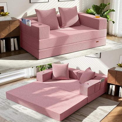 COMAX Futon Sofa Bed, Convertible Sofa Bed, Folding Boneless Couches | Boneless Couch for living room, 4‑in‑1 Fold Out Small Foldable Loveseat Floor Sleeper Mattress Lounge Space‑Saving, Pink