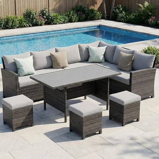 Wisteria Lane 7 Piece Patio Furniture Set, High Curved Back Wicker Outdoor Dining Set, All Weather Patio Sectional, Outdoor Furniture Patio Conversation Set with Ottoman, Grey