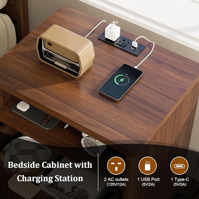 LYNCOHOME Fluted Nightstand with Charging Station, 19.7 inch Wide End Table with 2 Drawers, Modern Wood Bedside Table for Bedroom,Brown,1 Pcs