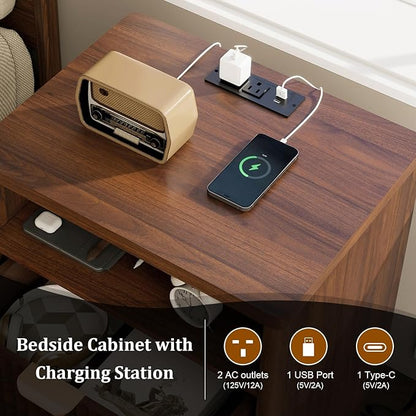 LYNCOHOME Fluted Nightstand with Charging Station, 19.7 inch Wide End Table with 2 Drawers, Modern Wood Bedside Table for Bedroom,Brown,1 Pcs