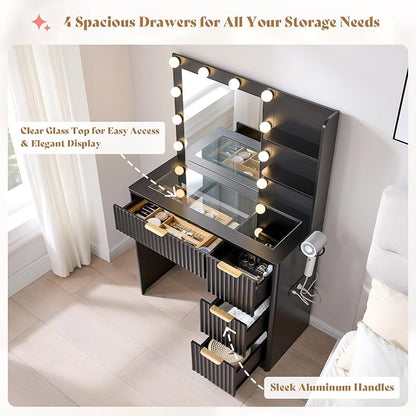 AMERLIFE 36.2" Fluted Vanity Desk with Mirror and Adjustable LED Lights, Large 4 Drawers Makeup Vanity Table with Glass Top and Charging Station for Women and Girls, Bedroom or Dorm, Black