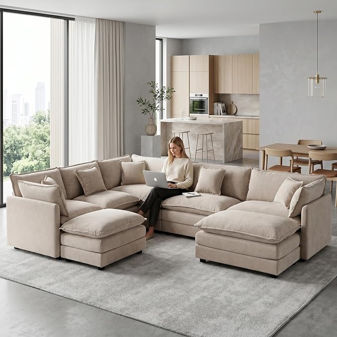 Oversized Modular Sectional Cloud Sofa: 114" V-Shaped Modular Cloud Couch, 7 Seater Comfy Couch with Ottomans and Pillows, Chenille Deep Seat Couch for Living Room,Bedroom,Apartment,Large Space,Camel