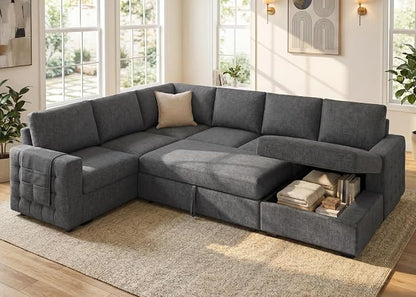HONBAY Sectional Sleeper Sofa with Pull-Out Bed Storage Chaise, 6 Seaters Couch for Living Room, Light Grey