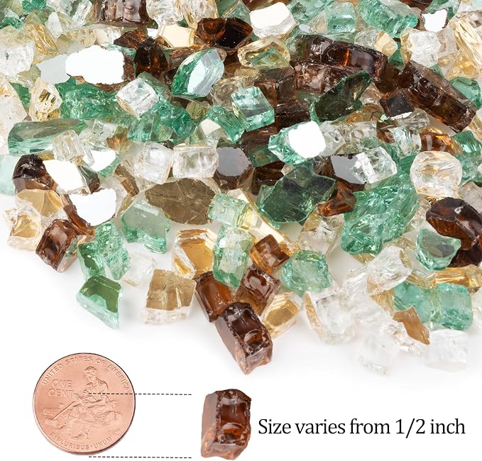 GASPRO 20 lbs Fire Glass for Propane Fire Pit, 1/2-Inch Reflective Fireplace Glass Rocks for Fire Pit Table, Gold Copper Green