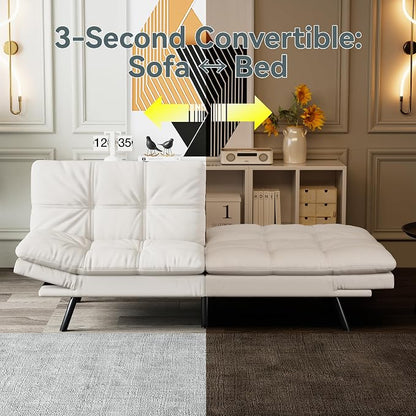 Futon Sofa Bed Convertible Couch, White Faux Leather Sofa Bed with Memory Foam, Adjustable Backrest & Armrests, Multifunctional Small Loveseat Sleeper Sofa for Living Room, Apartment, Office