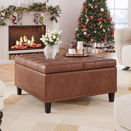 FiveWillowise Square Leather Ottoman with Storage, Faux Leather Coffee Table with Lift Top,Large Upholstered Footrest Stool Toy Box Storage Bench for Bedroom Living Room, Brown