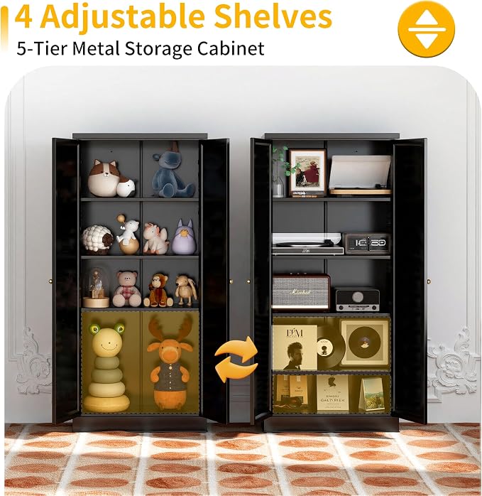 Metal Pantry Cabinet, 61" Kitchen Pantry Storage Cabinets with 2 Door and 4 Adjustable Shelves, Utility Metal Storage Cabinet for Home, Living Room, Pantry (Black)