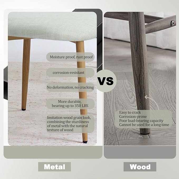 FREKEN Modern Upholstered Dining Chairs Set of 2, Mid-Century Metal Frame with Wood Grain, Linen Fabric Side Chair for Kitchen Dining Room, 350lbs Capacity, Beige