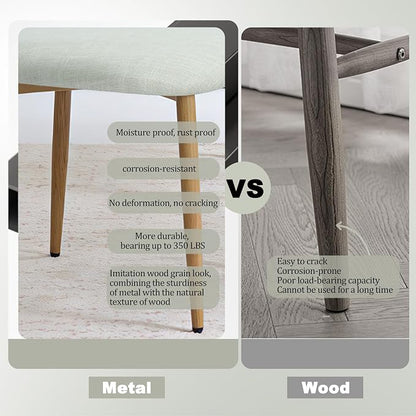 FREKEN Modern Upholstered Dining Chairs Set of 2, Mid-Century Metal Frame with Wood Grain, Linen Fabric Side Chair for Kitchen Dining Room, 350lbs Capacity, Beige