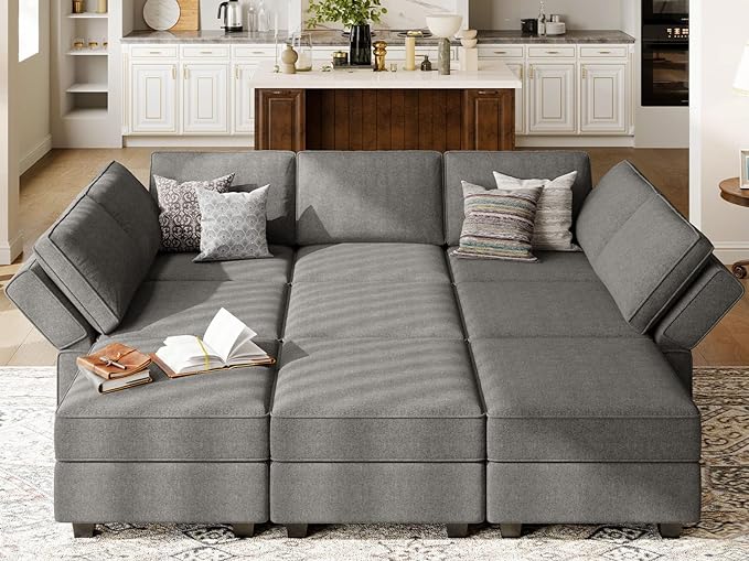 Belffin Modular Sectional Sleeper Sofa Couch with Storage Ottoman Convertible Sectional Couches for Living Room Terry Reversible Chaise. Light Grey Sofa