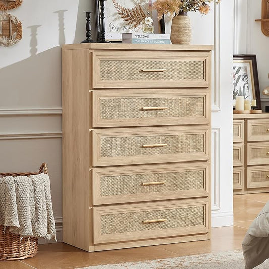 RWYHG Rattan Dresser for Bedroom with 5 Drawers 45" Tall Wood Closet Organizer with Metal Handle Furniture for Living Room Hallway Natural