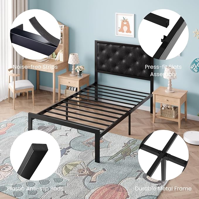 SHA CERLIN Twin Size Metal Bed Frame with PU Tufted Headboard, Black | Modern Design Heavy-Duty Platform Bed, No Box Spring Need, PU Leather Upholstery, Noise Free, Easy Assembly