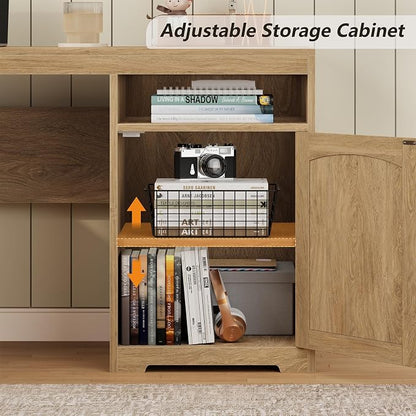 YOMILUVE 63" Farmhouse L Shaped Executive Desk with Drawers & Storage Shelf, Corner Fluted Computer Desk with Power Outlets, L Shaped Office Desk with Monitor Stand, Printer Shelf, Oak