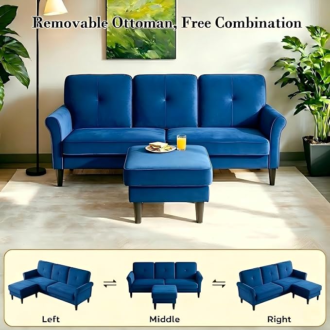 Welzona Sectional Couches for Living Room, 83" Velvet Modern 3 Seater Sofa, L Shaped Couch with Ottoman, Small Sectional Couch Sofas for Living Room, Bedroom, Apartment, Office, Blue Sofa